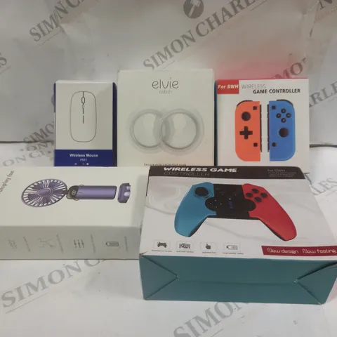 BOX OF APPROXIMATELY 5 ASSORTED ITEMS TO INCLUDE GAMR CONTROLLER, HAND HELD FAN, MOUSE