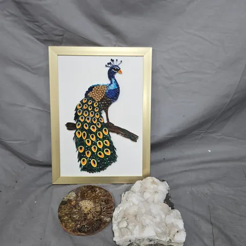 BOX OF APPROXIMATELY 15 ASSORTED HOUSEHOLD ITEMS TO INCLUDE PEACOCK PRINT, COASTERS AND ASSORTED CRYSTALS