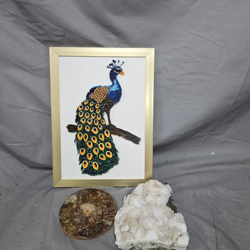 BOX OF APPROXIMATELY 15 ASSORTED HOUSEHOLD ITEMS TO INCLUDE PEACOCK PRINT, COASTERS AND ASSORTED CRYSTALS