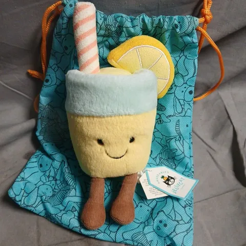JELLYCAT AMUSEABLES LEMONADE PLUSH – CUP WITH LEMON SLICE, BLUE LID & DRAWSTRING BAG