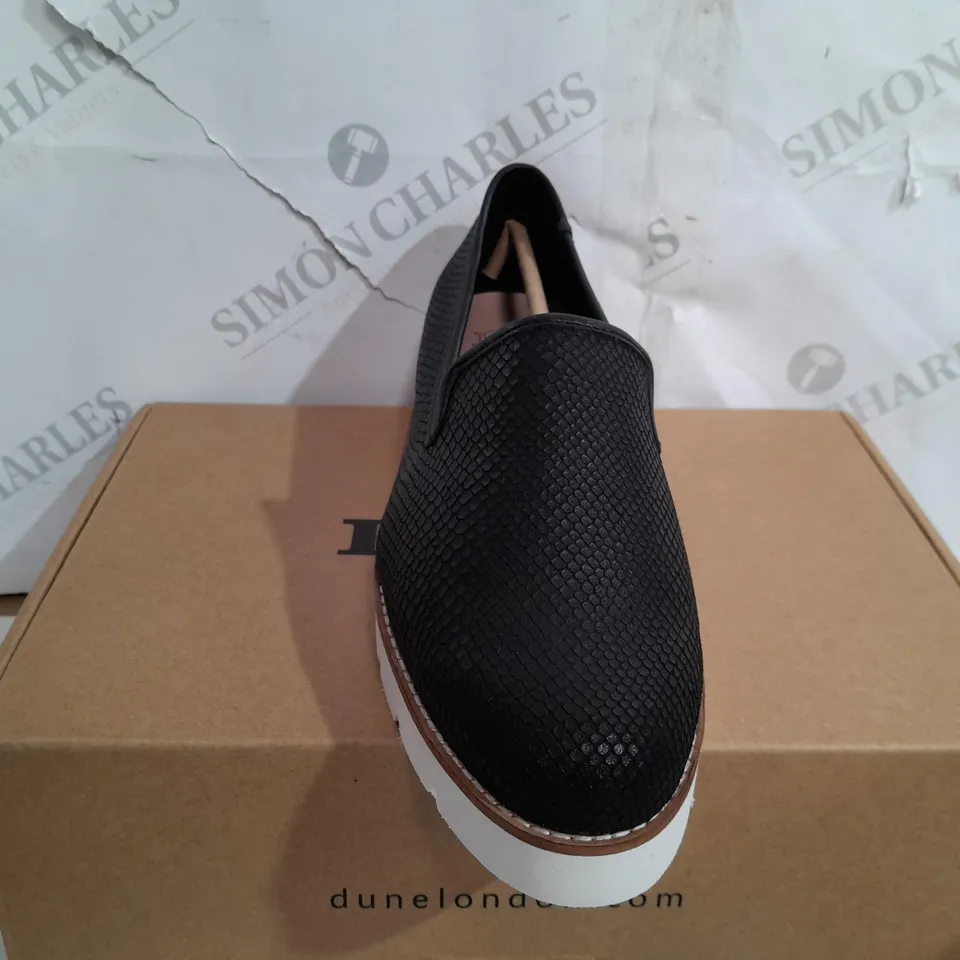 BOXED DUNE PLATFORM SLIP ONS IN BLACK - SIZE 6