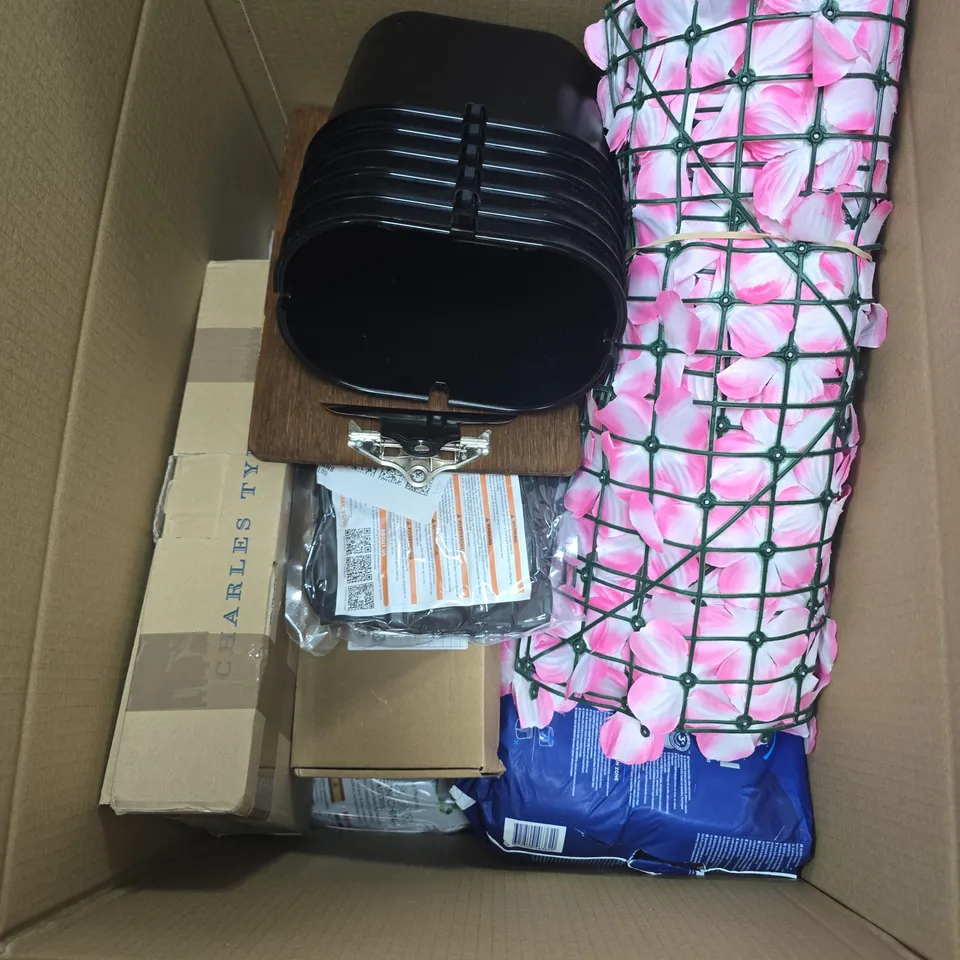 BOX OF APPROXIMATELY 10 ASSORTED HOUSEHOLD ITEMS INCLUDING TENA MEN AND WOODEN CLIP BOARD