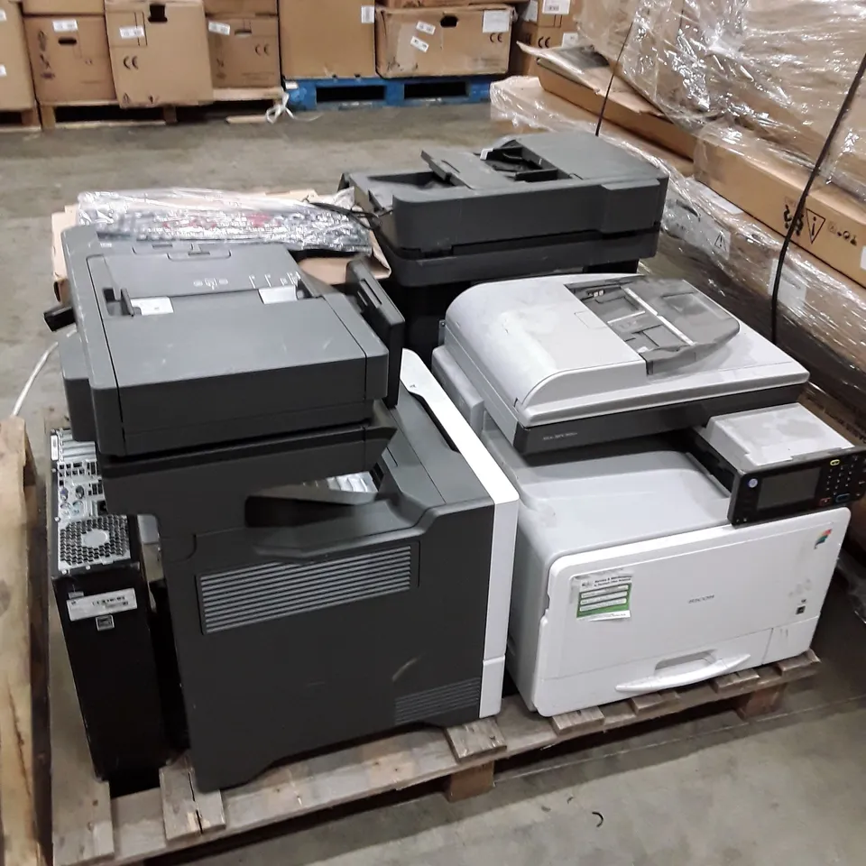 PALLET OF ASSORTED OFFICE EQUIPMENT INCLUDING PRINTERS, DESKTOP & KEYBOARDS 