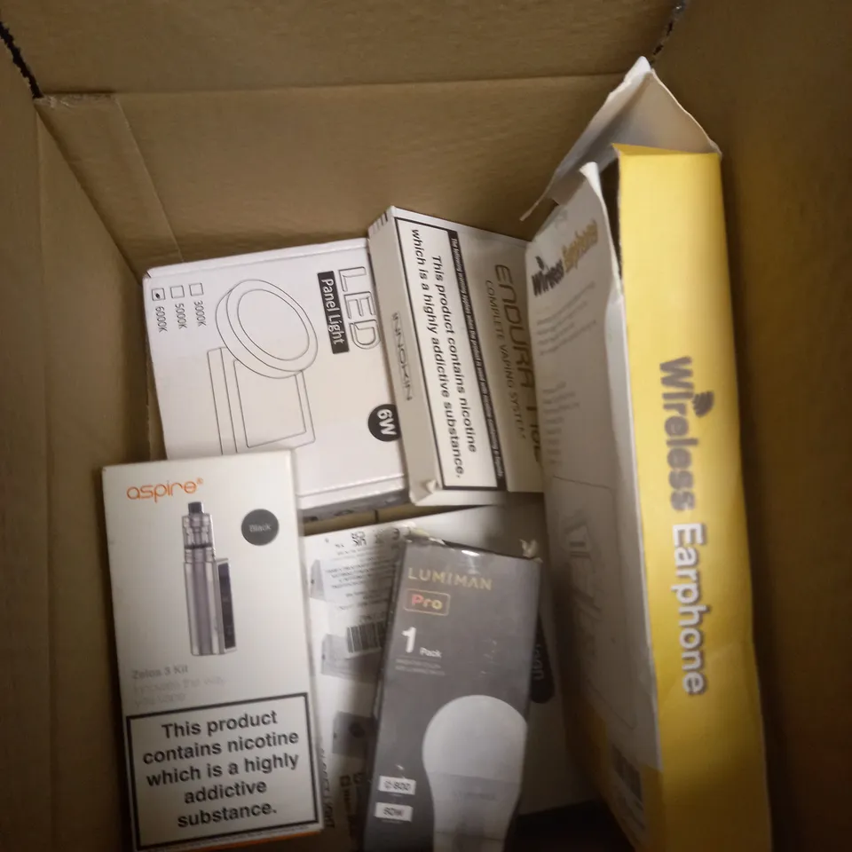 BOX OF APPROXIMATELY 5 ASSORTED ITEMS TO INCLUDE E-CIGARETTE, WIRELESS EARPHONE, LIGHT BULB ETC