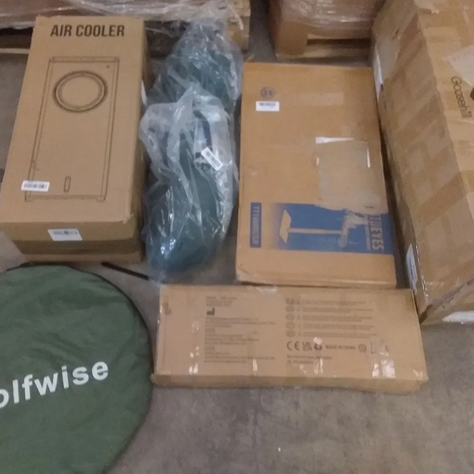 PALLET OF ASSORTED ITEMS INCLUDING FITUEYES TV STAND WITH MOUNT, AIR COOLER, LANGXUN ROUND METAL BALLOON ARCH KIT, WOLFWISE, BERSSEN AIR CIRCULATION FAN, FOLDING TABLE 