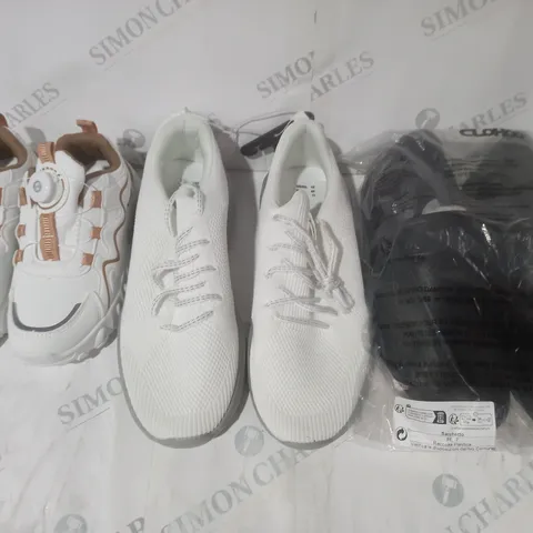BOX OF APPROXIMATELY 15 ASSORTED PAIRS OF SHOES AND FOOTWEAR ITEMS IN VARIOUS STYLES AND SIZES TO INCLUDE CLOHOO, PRIMARK, ETC