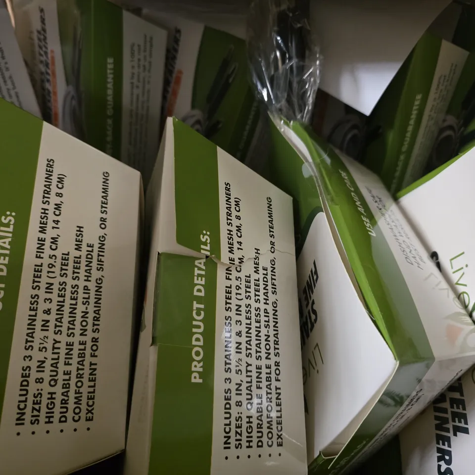 BOX OF APPROXIMATELY 12 LIVE FRESH STAINLESS STEEL FINE MESH STRAINERS 