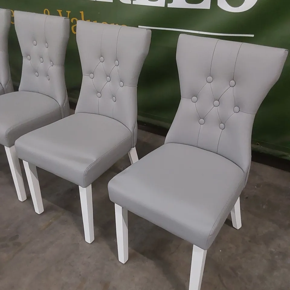 SET OF 6 BEWLEY LIGHT GREY LEATHER BUTTON BACK DINING CHAIRS WITH WHITE LEGS 