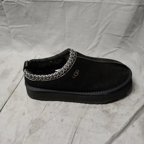 UGG BLACK SUEDE SLIPPERS WITH SILVER BRAIDED TRIM – SIZE 12.5