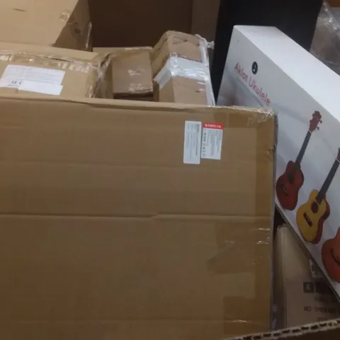 PALLET OF ASSORTED ITEMS INCLUDING BOXED 61 KEY PORTABLE ELECTRONIC KEYBOARD, AKLOT UKULELE, SLEEPING BAG, LEATHER CALF STRAPS, FOLDABLE LED LIGHT BOX