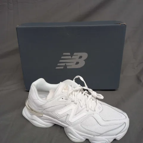 BOXED PAIR OF NEW BALANCES 9060 ALL WHITE SIZE UK 8