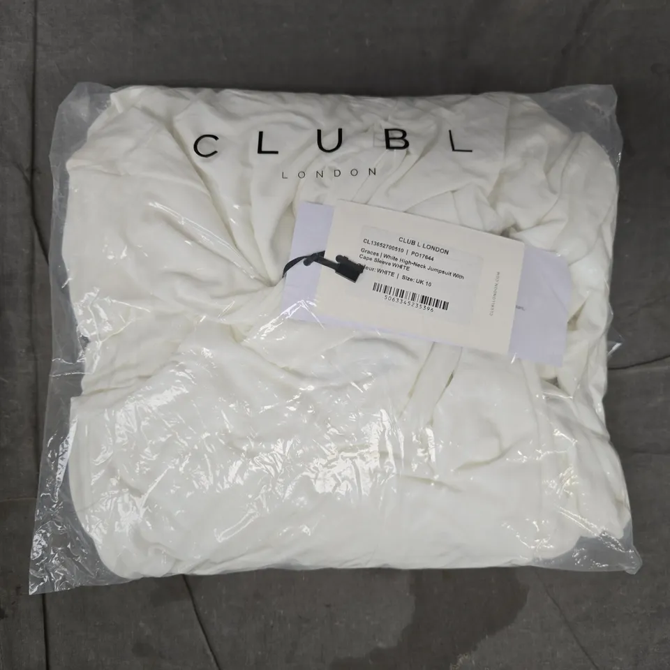 CLUBL HIGH-NECK JUMPSUIT WITH CAPE SLEEVE IN WHITE SIZE UK 10
