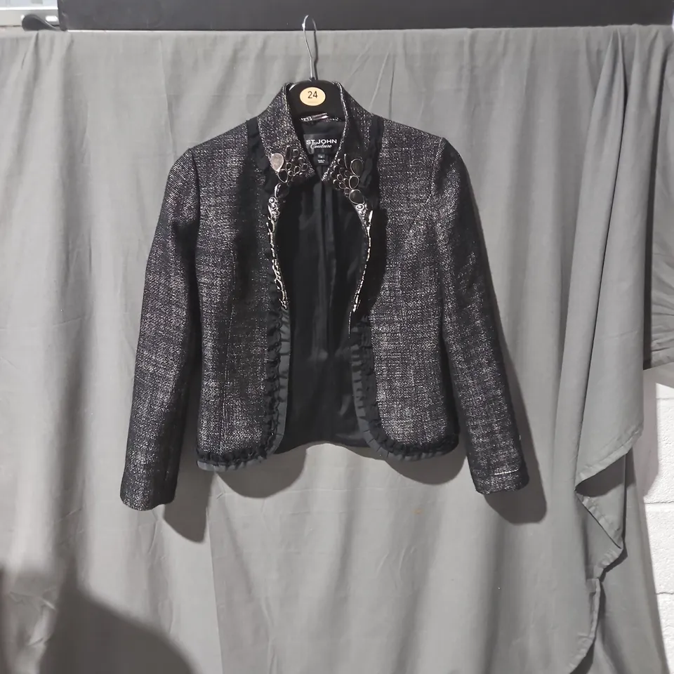 ST JOHN COUTURE TWEED JACKET – WOMEN'S BLACK/METALLIC WITH CHAIN TRIM, OPEN FRONT 