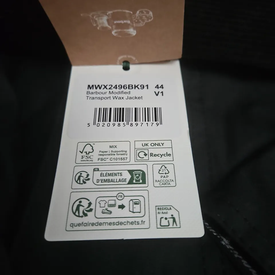 BARBOUR MODIFIED TRANSPORT WAX JACKET – BLACK, UK SIZE 44