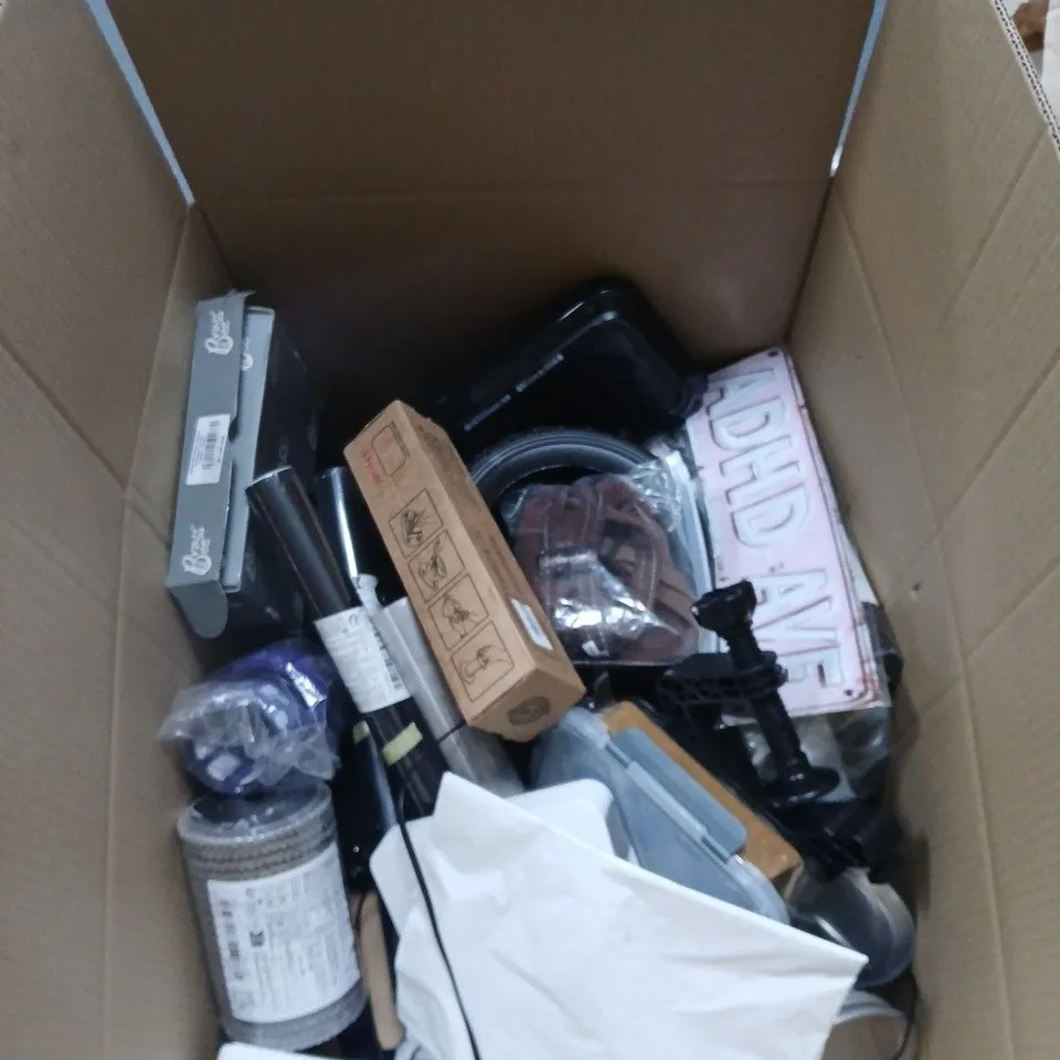 BOX OF APPROXIMATELY 20 ASSORTED HOUSEHOLD PRODUCTS INCLUDING SKY ROUTER , HALTI DOG HARNESS AND DYCEM NON SLIP