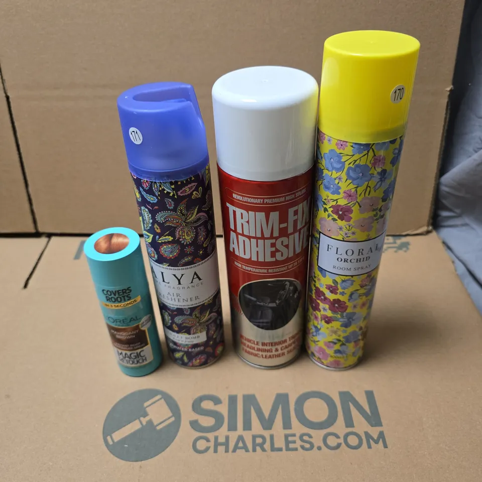 TOTE OF APPROXIMATELY 16 ASSORTED AEROSOL PRODUCTS TO INCLUDE L'OREAL MAGIC TOUCH, ALYA AIR FRESHENER, TRIM FIX ADHESIVE, FLORAL ORCHID ROOM SPRAY ETC