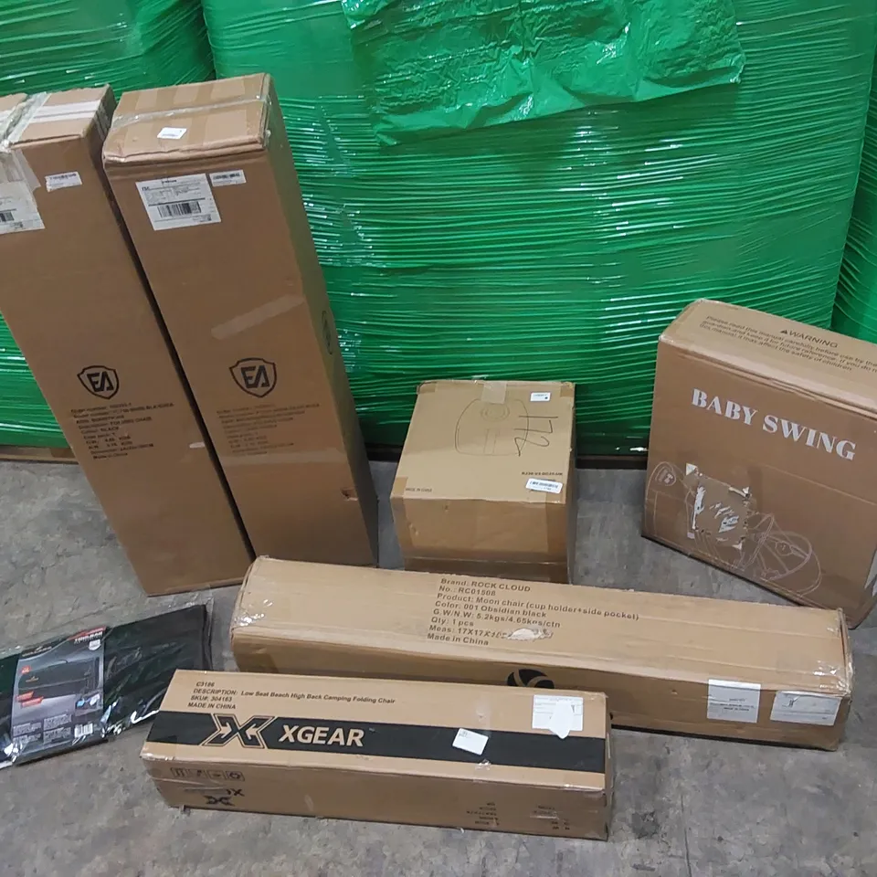 PALLET OF ASSORTED CONSUMER PRODUCTS TO INCLUDE: FOLDING CHAIRS, MOON CHAIR, CAMPING CHAIR, AIR FRYER, BABY SWING, TOOL BAG ECT