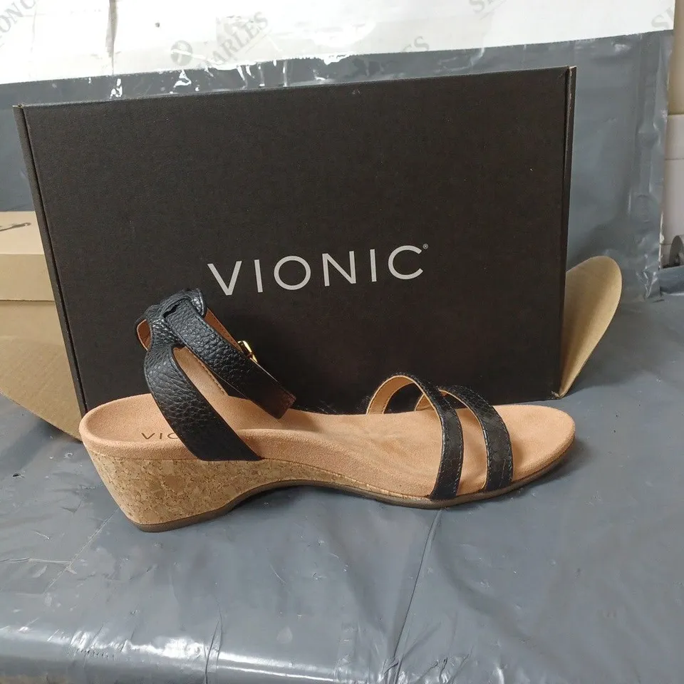 BOXED PAIR OF BLACK WEDGE HEEL SANDALS SIZE UNSPECIFIED