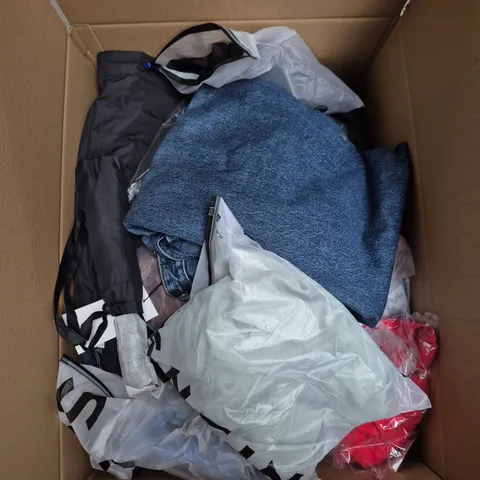 LARGE BOX OF APPROXIMATELY 25 ASSORTED CLOTHING ITEMS IN VARIOUS COLOURS, STYLES AND SIZES - COLLECTION ONLY
