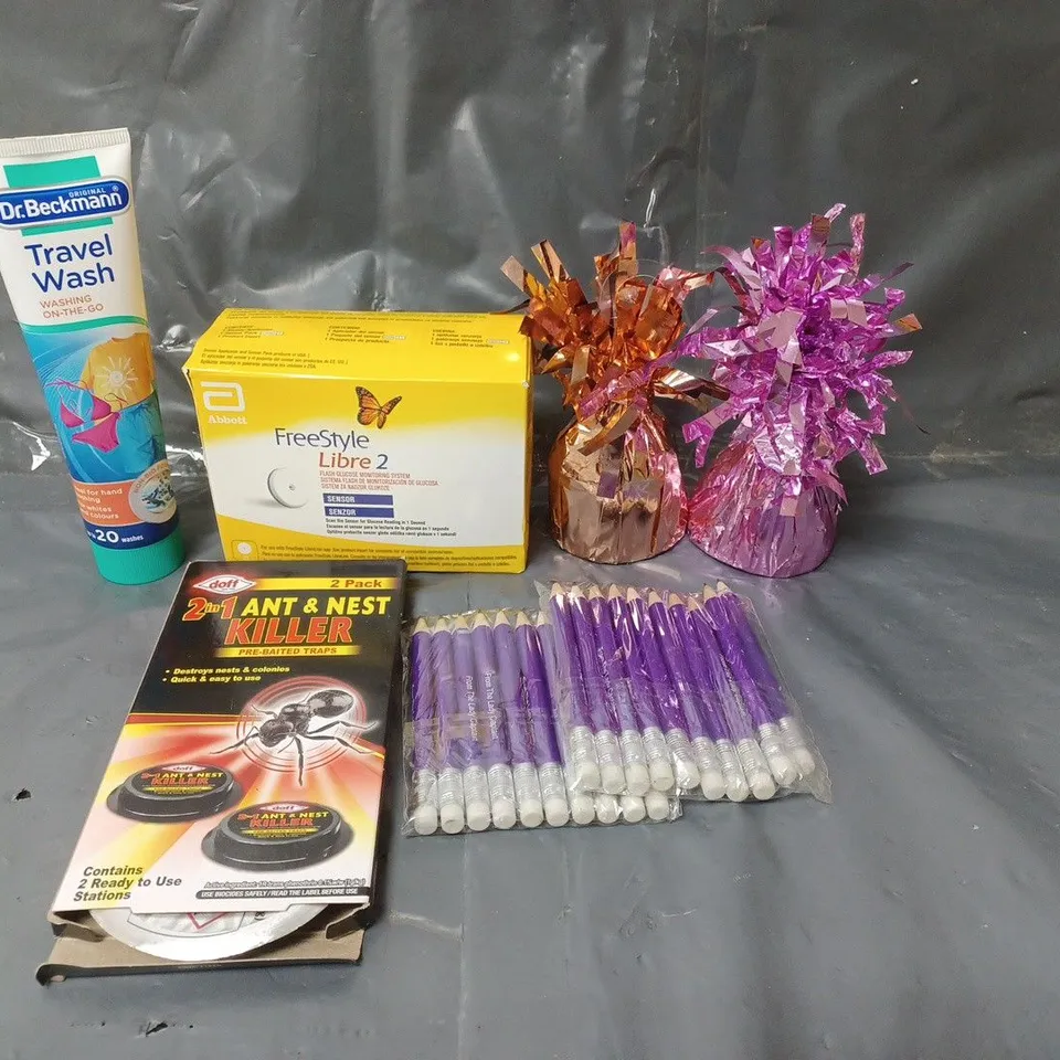 BOX OF APPROXIMATELY 15 ASSORTED HOUSEHOLD ITEMS TO INCLUDE TRAVEL CLOTHES WASH, PENCILS AND FREESTYLE TESTING STRIPS