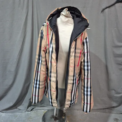 HOODED BEIGE CHECK COAT WITH BURBERRY-STYLE PLAID PATTERN SIZE XXL