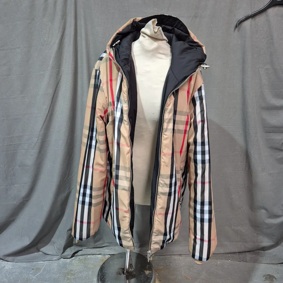 HOODED BEIGE CHECK COAT WITH BURBERRY-STYLE PLAID PATTERN SIZE XXL