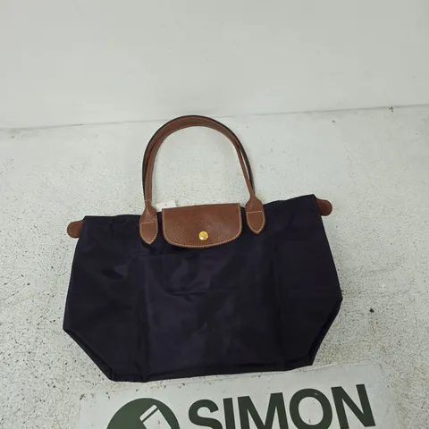 LONGCHAMP NAVY NYLON TOTE BAG WITH BROWN LEATHER HANDLES & GOLD LOGO CHARM