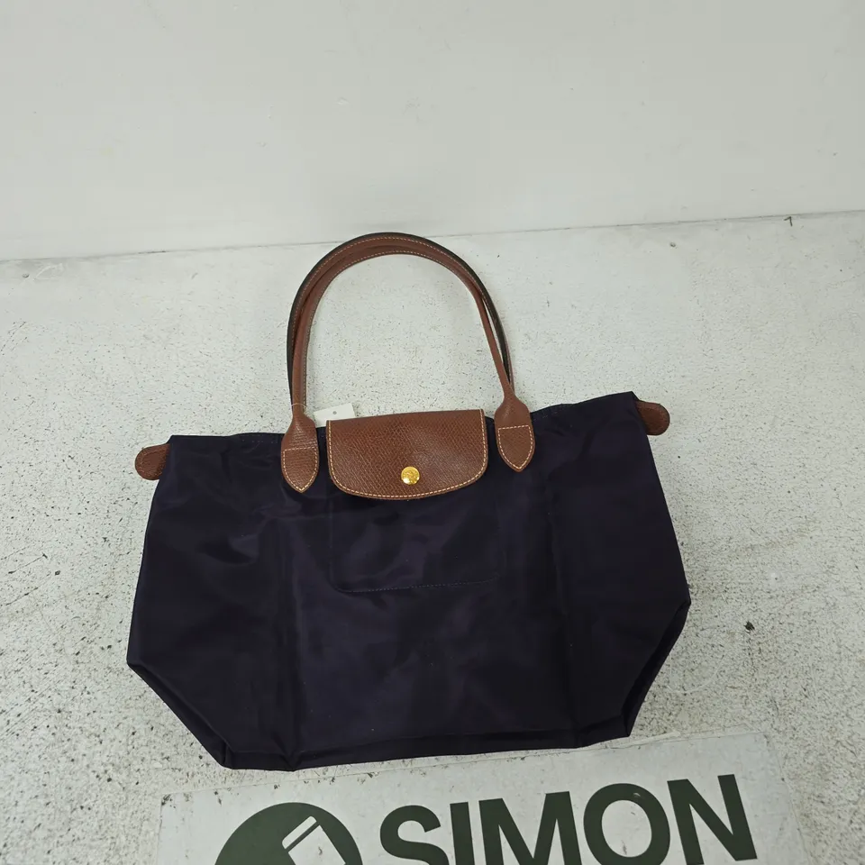 LONGCHAMP NAVY NYLON TOTE BAG WITH BROWN LEATHER HANDLES & GOLD LOGO CHARM