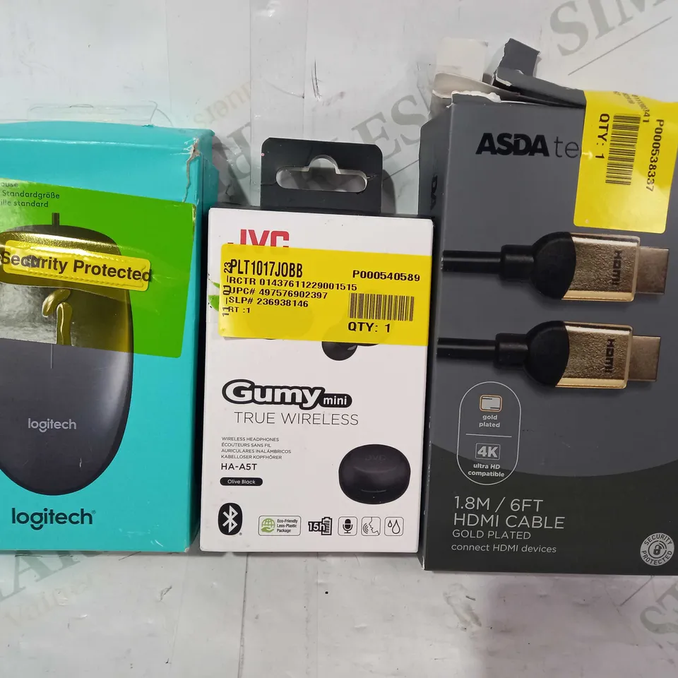 BOX OF APPROXIMATELY 15 ASSORTED ELECTRICAL ITEMS TO INCLUDE ASDA TECH HSMI CABLE, JVC GUMY TRUE WIRELESS HEADPHONES, LOGITECH M90 CORDED MOUSE, ETC