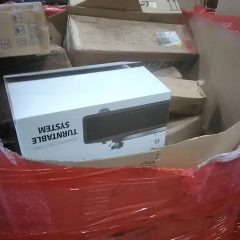 PALLET OF ASSORTED HOUSEHOLD GOODS AND PRODUCTS TO INCLUDE; TURNTABLE SYSTEM, AIR COOLER, BOXED FURNITURE ETC