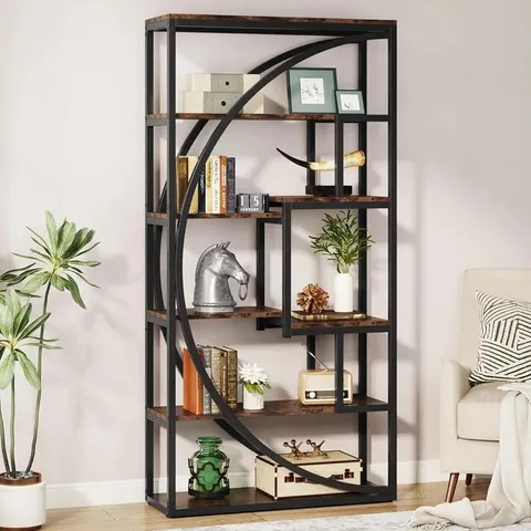 BOXED 70.8" INDUSTRIAL BOOKSHELF, 5-TIER OPEN BOOKCASE FOR HOME OFFICE AND LIVING ROOM IN RUSTIC BROWN