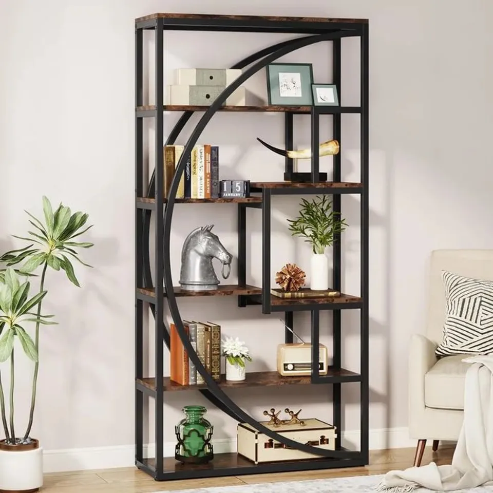 BOXED 70.8" INDUSTRIAL BOOKSHELF, 5-TIER OPEN BOOKCASE FOR HOME OFFICE AND LIVING ROOM IN RUSTIC BROWN
