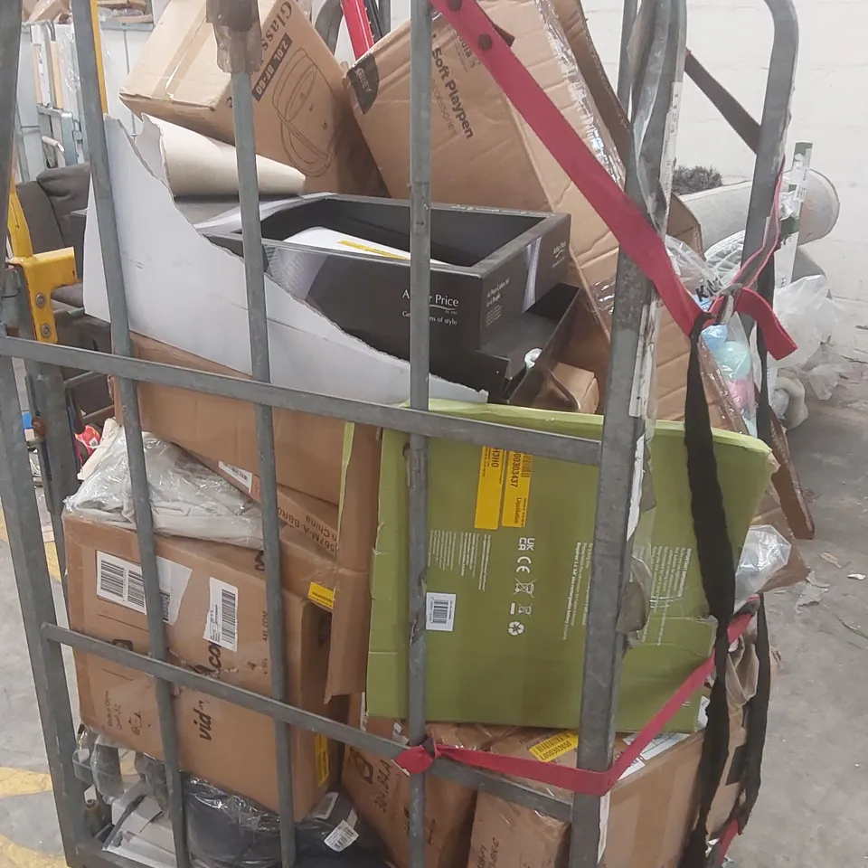 CAGE CONTAINING A LARGE QUANTITY OF ASSORTED ITEMS INCLUDING: BABY PLAYPEN, PAINTING, GLASS KETTLE, DINNERWARE ECT // CAGE NOT INCLUDED