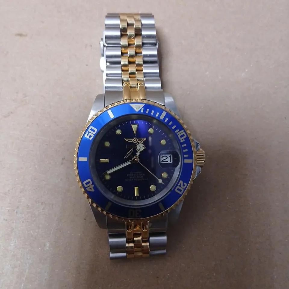 INVICTA TWO-TONE STAINLESS STEEL & GOLD DIVER-STYLE WRISTWATCH WITH BLUE BEZEL