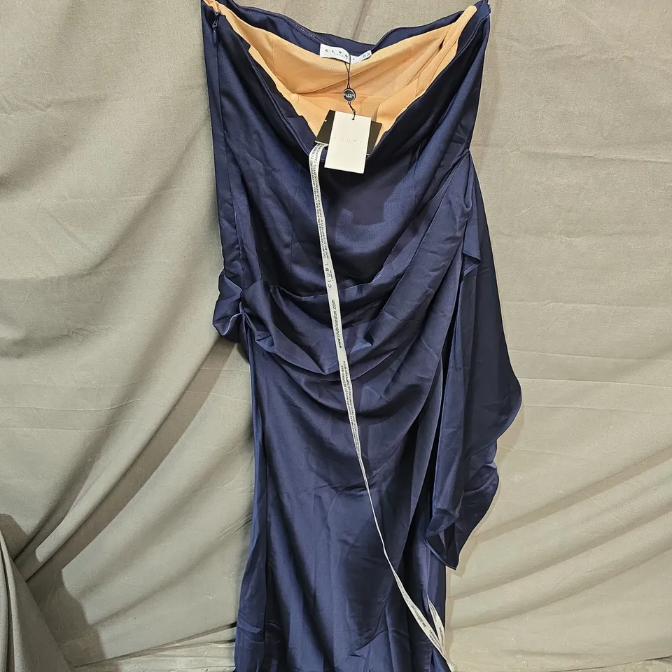 CLUB L LONDON NAVY SATIN BANDEAU DRAPED MAXI DRESS – UK 12