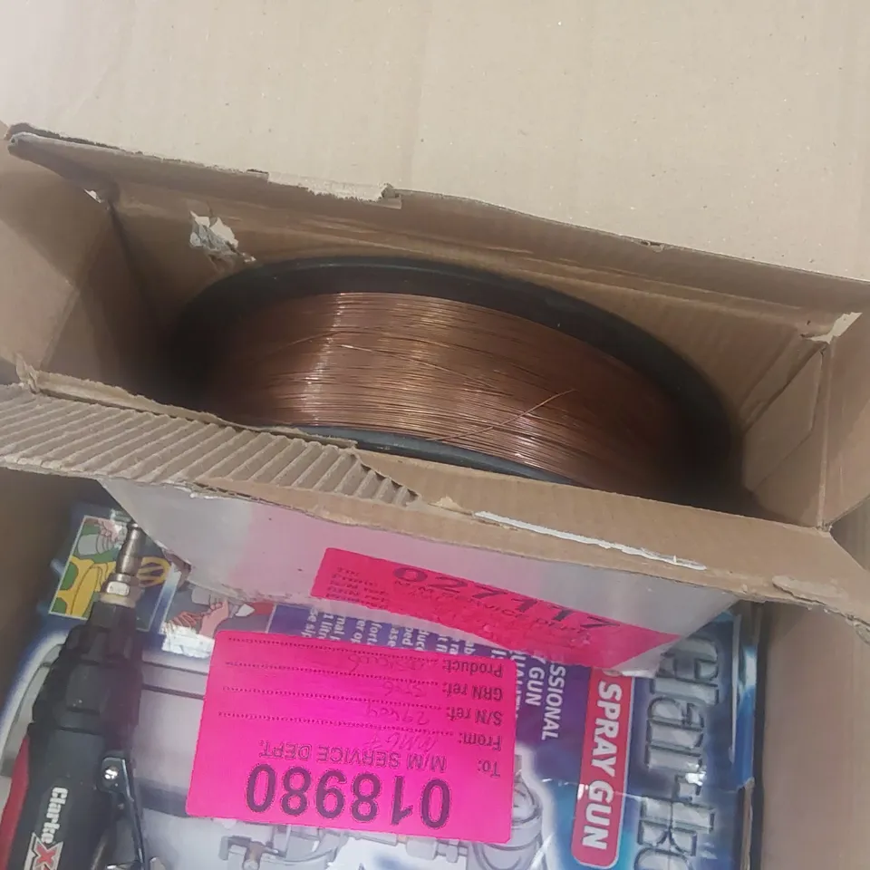 BOX CONTAINING: CLARKE SPRAY GUN, WELDING WIRE ECT