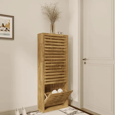 BOXED HOME SOURCE MODERN TALL SHOE STORAGE CUPBOARD FOR 18 PAIRS – IN OAK FINISH