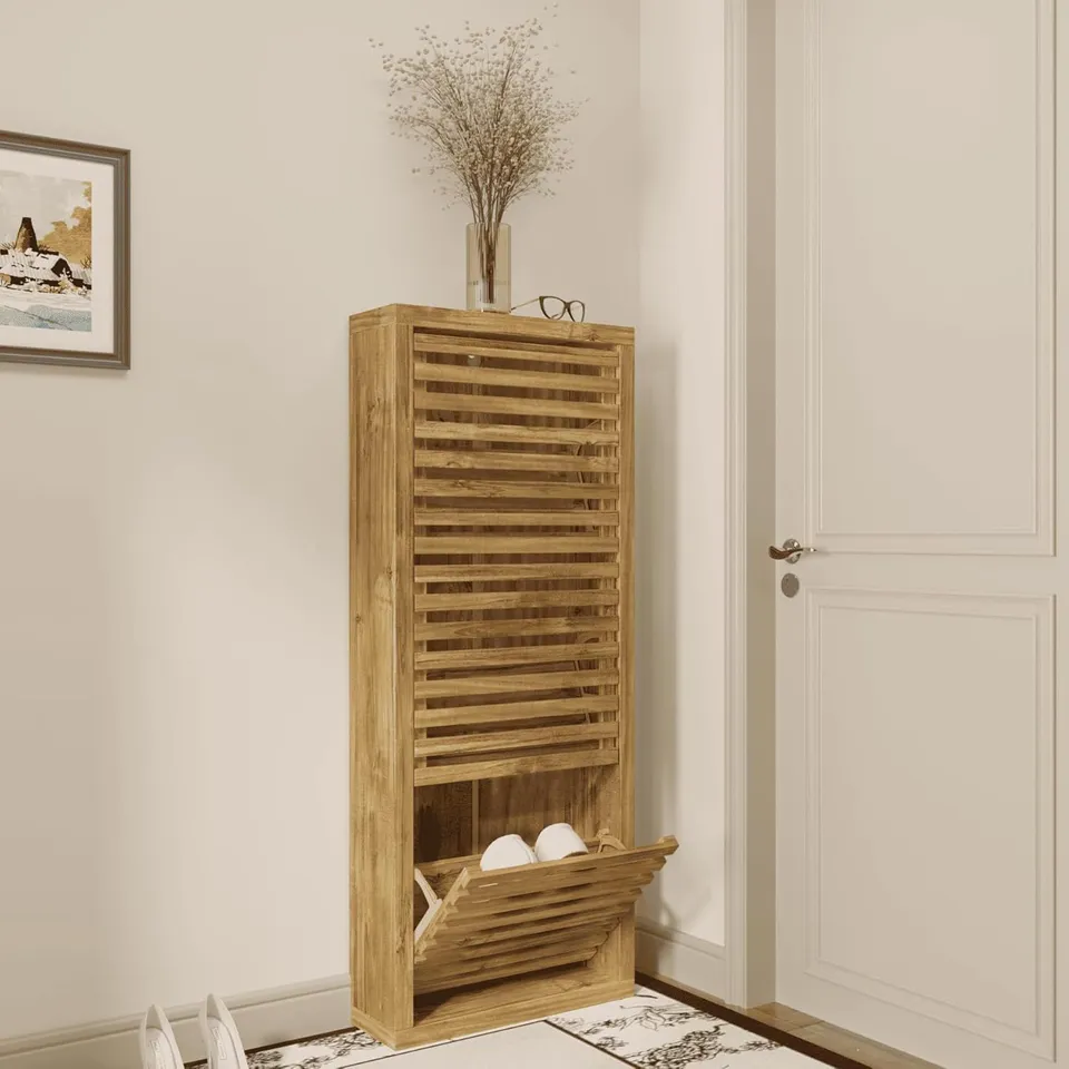 BOXED HOME SOURCE MODERN TALL SHOE STORAGE CUPBOARD FOR 18 PAIRS – IN OAK FINISH
