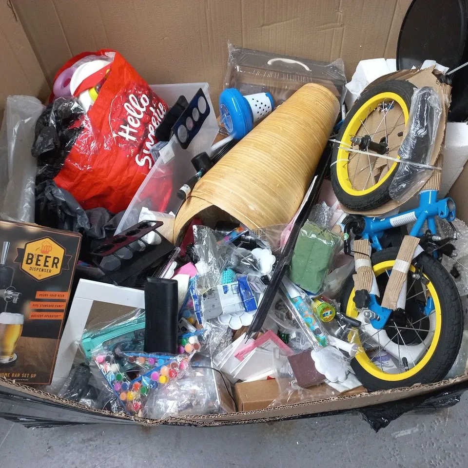pallet containing a large quantity of assorted household items to include paw patrol kids bike parts, rubber mallet and