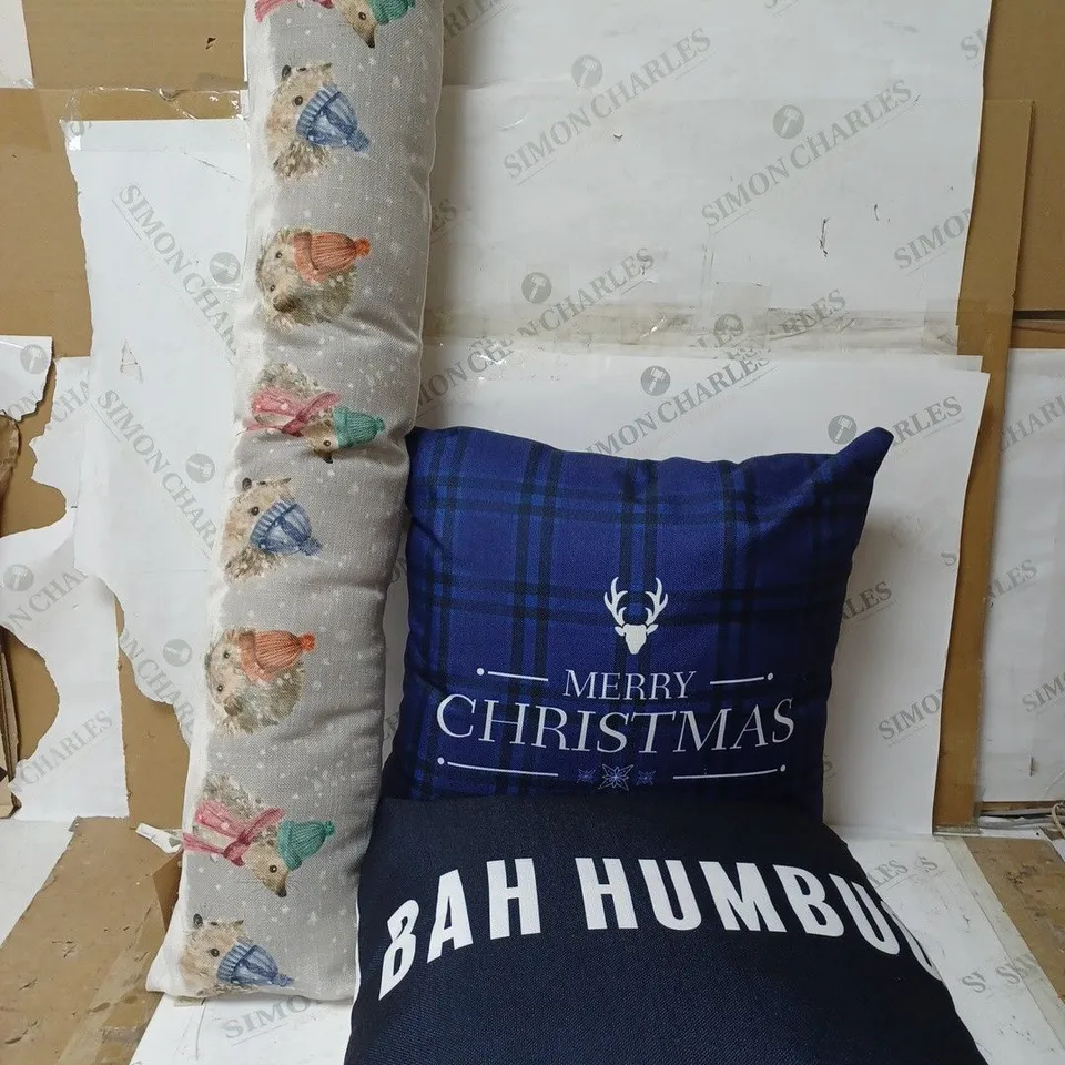 BOX OF APPROX. 8 ASSORTED PILLOWS TO INCLUDE - MERRY CHRISTMAS PILLOW -BAH HUMBUG PILLOW - PORKIPINE DRAUGHT EXCLUDER ECT
