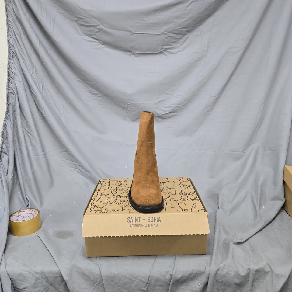 SAINT + SOFIA BROWN SUEDE ANKLE BOOT – BLOCK HEEL