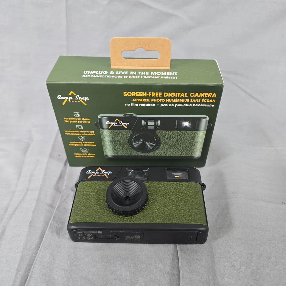 CAMP SNAP SCREEN-FREE DIGITAL CAMERA – GREEN TEXTURED BODY, WITH ORIGINAL BOX