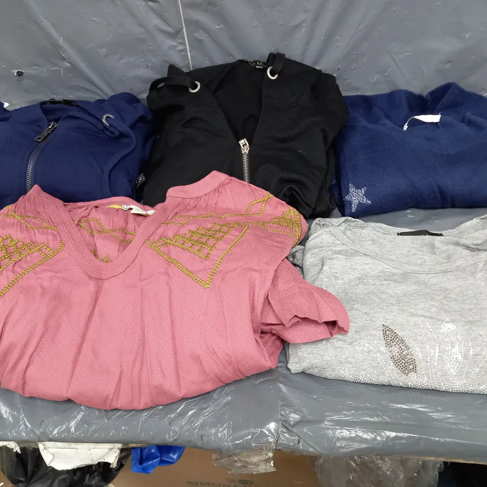 BOX OF APPROXIMATELY 10 ASSORTED PIECES OF CLOTHING IN VARIOUS STYLES, SIZES, AND BRANDS 
