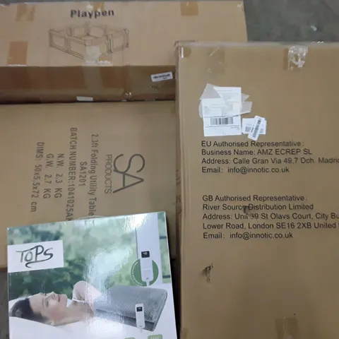 PALLET OF ASSORTED HOUSEHOLD ITEMS TO INCLUDE HEATED BLANKET, FOLDING UTILITY TABLE AND PLAYPEN 