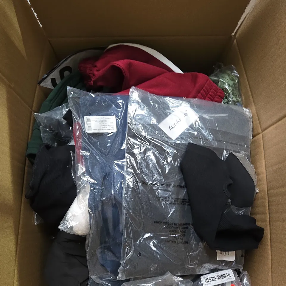 LARGE BOX OF ASSORTED CLOTHING ITEMS IN VARIOUS SIZES, STYLES AND COLOUR 