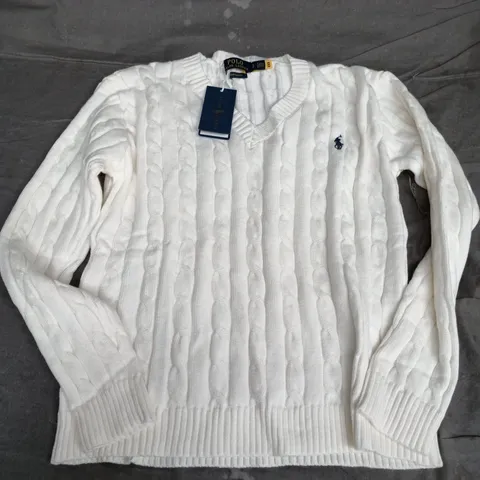 POLO RALPH LAUREN CABLE KNIT SWEATER – WHITE, CUSTOM FIT, SIZE S