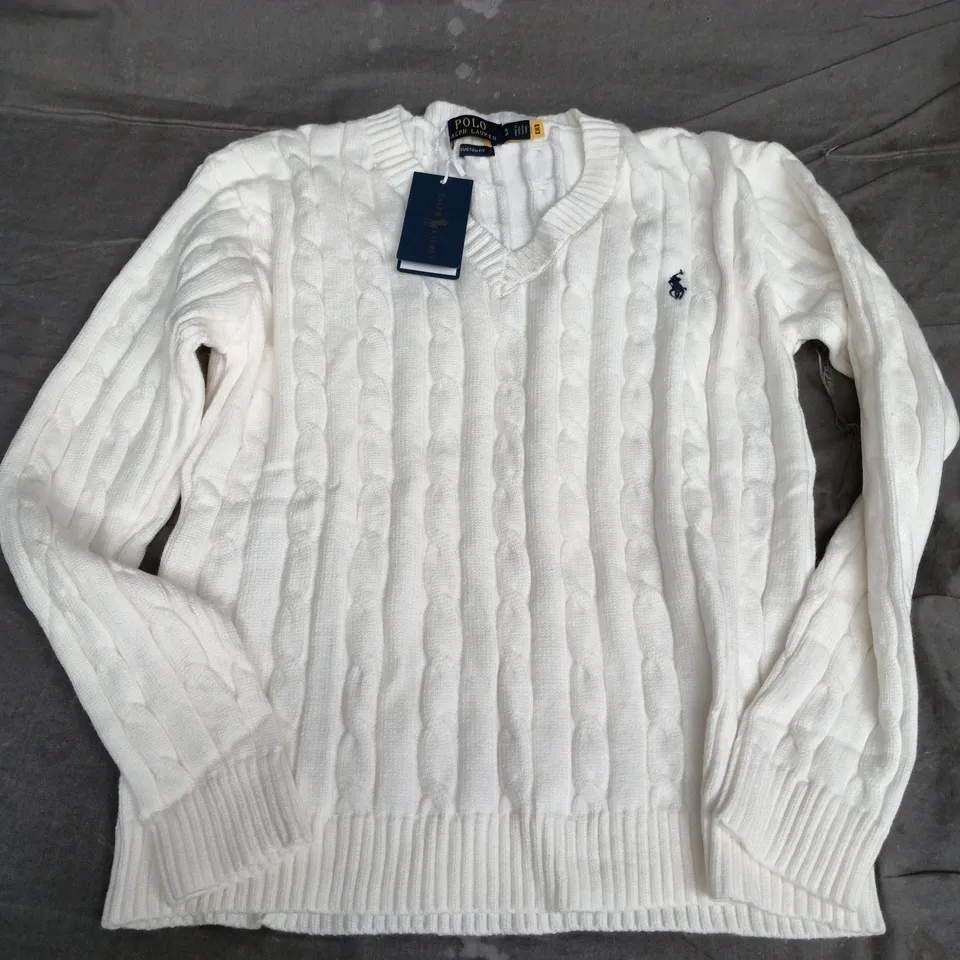 POLO RALPH LAUREN CABLE KNIT SWEATER – WHITE, CUSTOM FIT, SIZE S