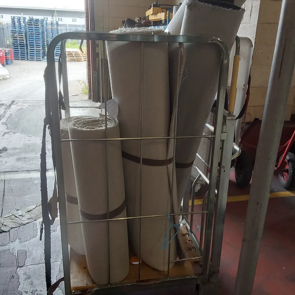 CAGE CONTAINING APPROXIMATELY 6 ASSORTED SMALL CARTPETS/CARPET CUT-OFFS // CAGE NOT INCLUDED 