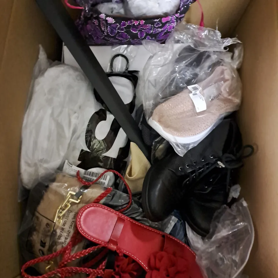 BOX OF APPROXIMATELY 15 PAIRS OF ASSORTED SHOES IN VARIOUS COLOUR, STYLES AND SIZES