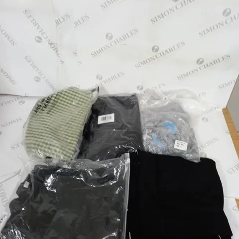 LARGE BOX OF ASSORTED CLOTHING ITEMS IN VARIOUS COLOURS AND SIZES INCLUDING TROUSERS , TOPS AND JUMPERS